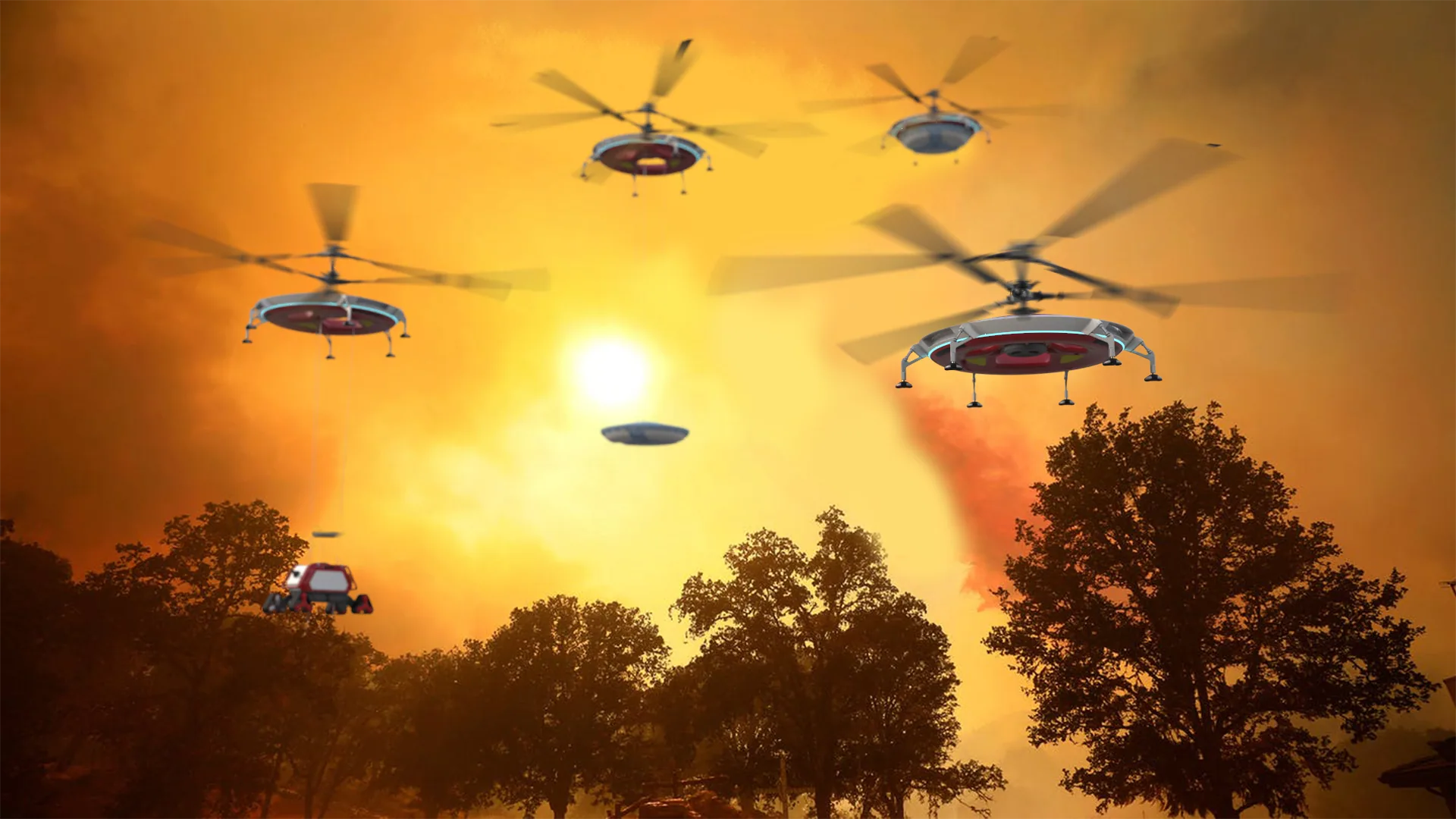 Concept visualization of an HL-UAV firefighting fleet operating over a wildfire, lowering a ground robot