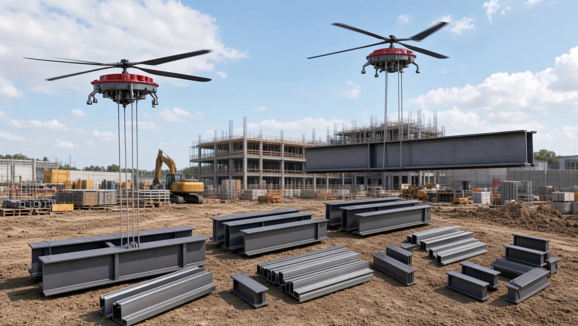 Concept render of two HL-UAVs placing steel I-beams on an active construction site