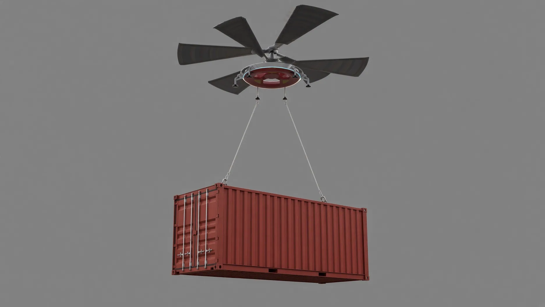 Concept render of the HL-UAV lifting a red 20 ft shipping container on sling lines