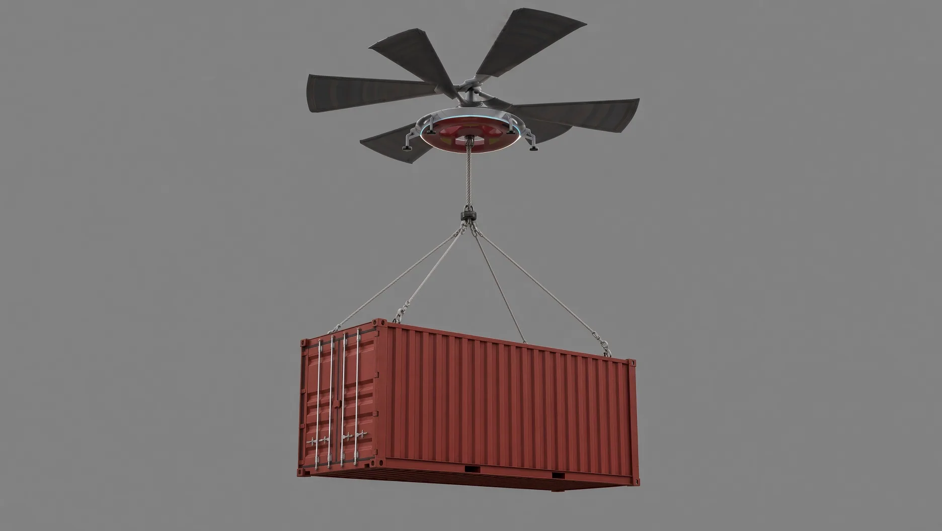 Concept render of the HL-UAV lifting a red 20 ft shipping container on sling lines