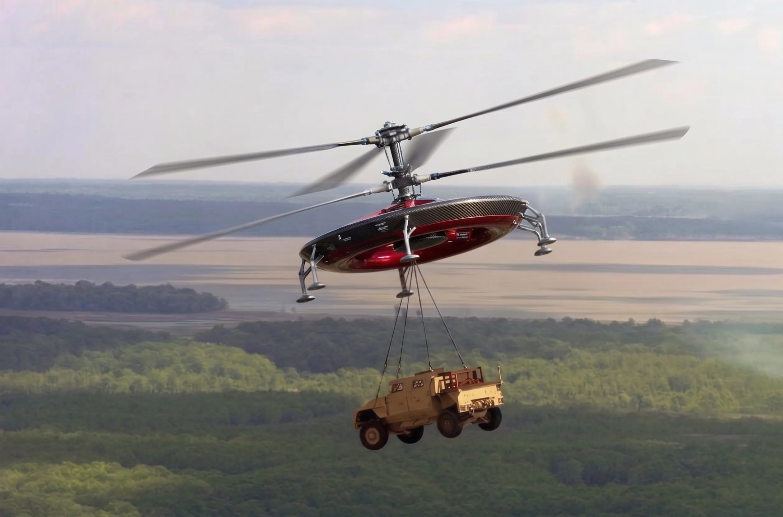 Concept render of the HL-UAV airlifting a light tactical vehicle over a forested river valley