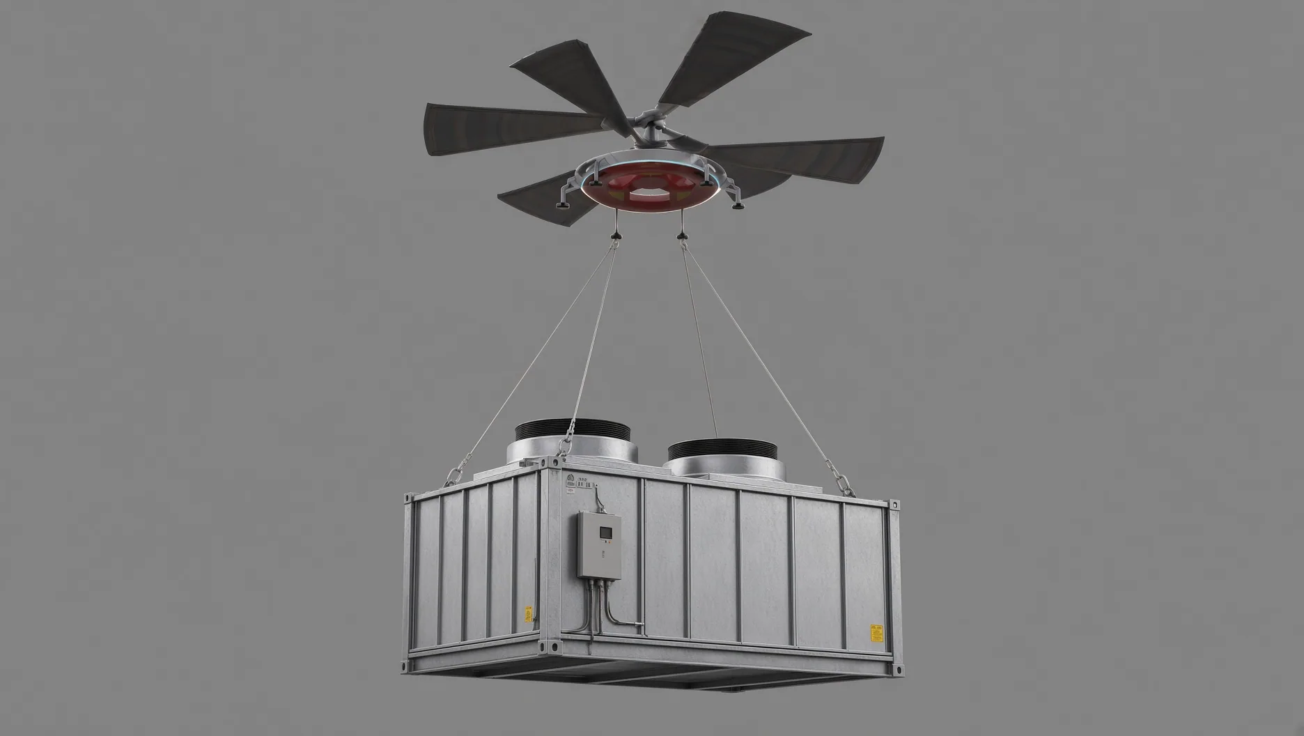 Concept render of the HL-UAV lifting a commercial rooftop HVAC unit on sling lines