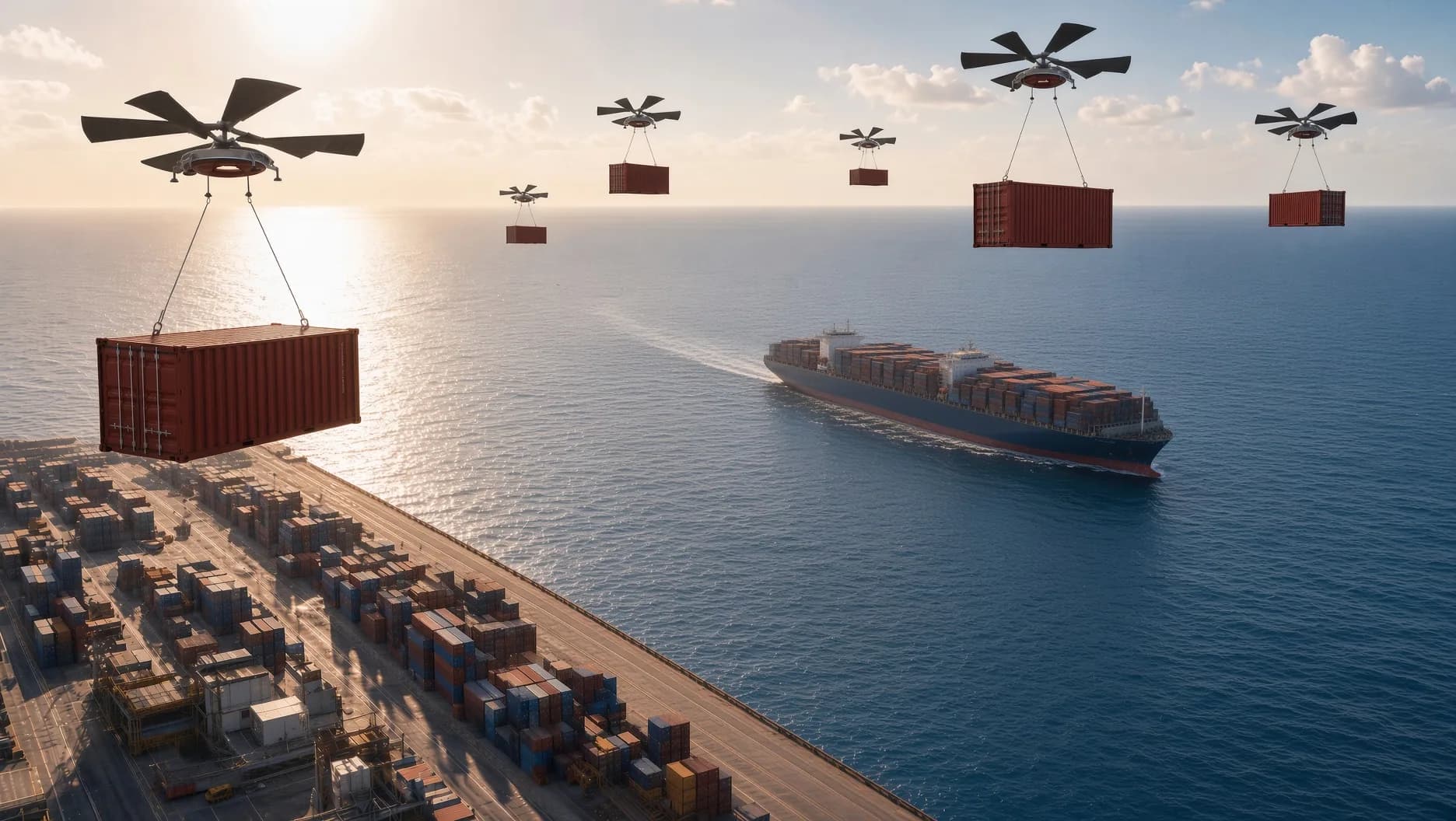 Concept render of a fleet of HL-UAVs ferrying shipping containers from a container ship offshore to a port