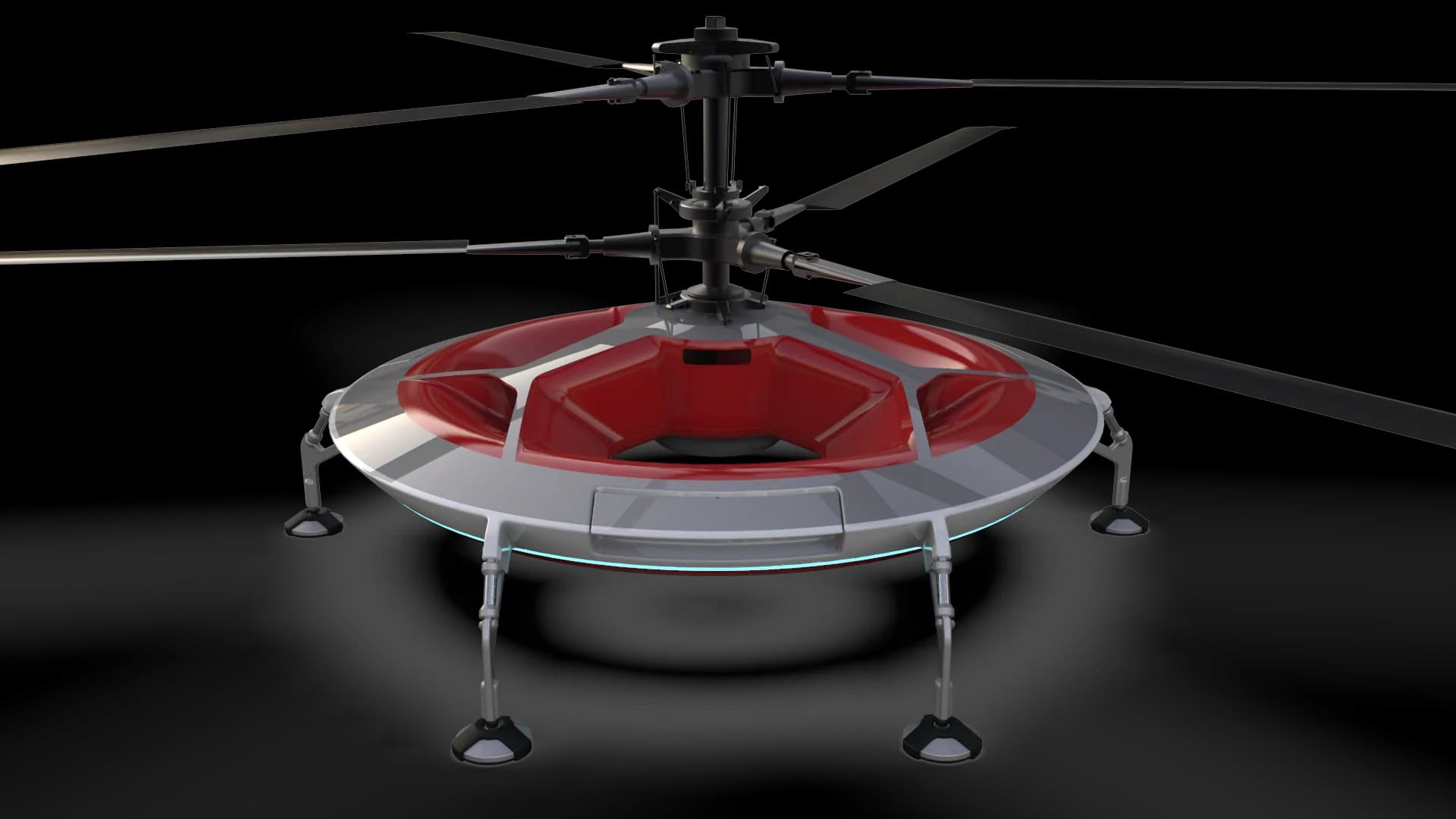 Concept render of the HL-UAV: a saucer-shaped unmanned aircraft with coaxial contra-rotating rotors on landing legs