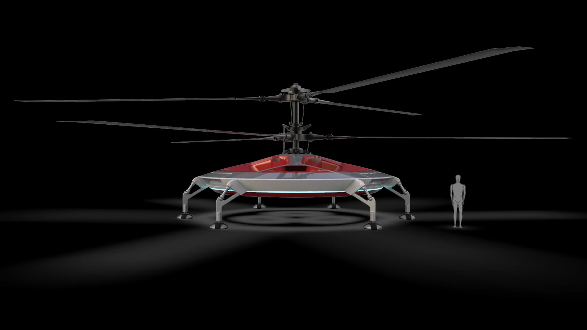 Side profile of the HL-UAV concept next to a human figure for scale