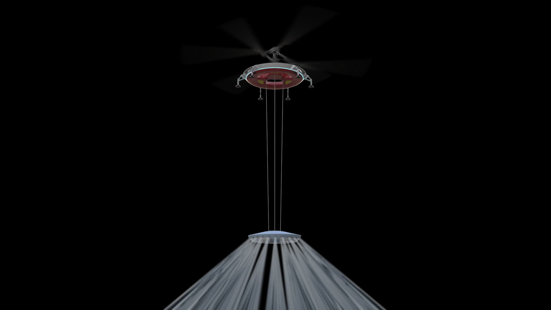 HL-UAV hovering with tethered tank dispersing a wide water spray below